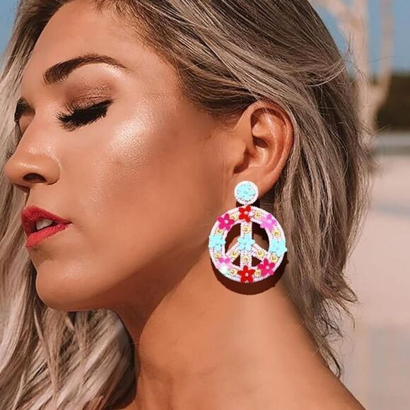 NWT Peace Sign Boho Beaded Dangle Earrings - Picture 6 of 8